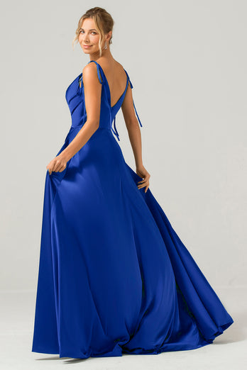 Bleu poussiéreux A-ligne Spaghetti Bretelles froncé Longue robe de demoiselle d’honneur avec fente