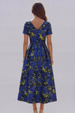 Robe d'invitée de mariage midi imprimé floral bleu et blanc ligne A manches courtes