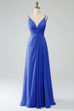 Robe de demoiselle d'honneur longue en mousseline de soie plissée ligne A couleur sauge poussiéreuse
