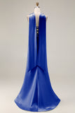 Robe de soirée longue sirène vert clair satin bustier sans bretelles avec fentes latérales et foulard