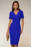 Robe de travail Midi Bodycon Navy à col en V à manches courtes avec fente