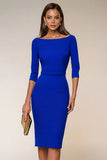 Robe professionnelle midi bleu marine col bâteau manches 3/4 coupe ajustée