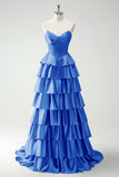 Vert Sweetheart Princesse Satin Tiered Long Corset Robe De Soirée avec Fente