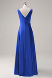 Bleu ciel une ligne V col ouvert dos Satin longue robe de demoiselle d’honneur