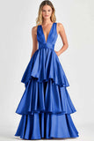 Robe de bal longue à volants à col en V trapèze