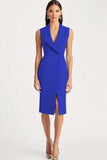 Robe de travail mi-genou en satin à revers châle bleu ciel avec fente