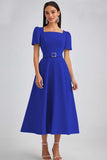 Robe de travail à col carré bleu ciel avec ceinture