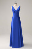 Bleu ciel une ligne V col ouvert dos Satin longue robe de demoiselle d’honneur