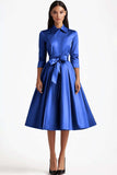 Bleu A Ligne évasée Fermeture boutonnée sur le devant Robe formelle mi-longue à manches longues