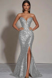 Robe formelle sirène sans bretelles à paillettes dorées scintillantes avec fente