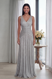 Robe Longue de Cérémonie Plissée Vieux Rose Col V