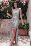Robe invité de mariage longue dorée à sequins avec col doré et fente