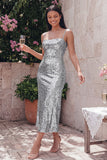 Robe midi à bretelles fines dorées bodycon scintillantes avec sequins