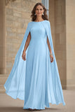 Robe longue mère de la mariée en mousseline de soie de sirène marine avec cape