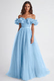 Robe formelle trapèze épaule dénudée à volants couleur sage poussiéreux