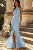 Halter Dusty Sage Sirène Volants Robe de demoiselle d’honneur en mousseline de soie