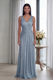 Robe Longue de Cérémonie Plissée Vieux Rose Col V
