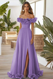 Robe formelle à épaules dénudées bleue une ligne avec fente