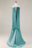 Robe de soirée longue sirène vert clair satin bustier sans bretelles avec fentes latérales et foulard