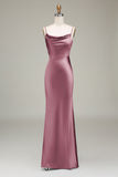 Robe de demoiselle d'honneur longue en satin bleu poudré à bretelles spaghetti