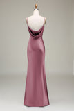 Robe de demoiselle d'honneur longue en satin bleu poudré à bretelles spaghetti