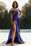 Or Épaule Dénudée Fourreau Robe De Bal En Satin Métallisé Avec Fente