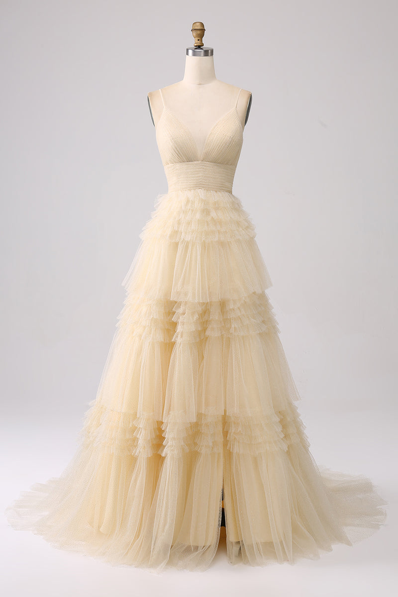 Charger l&#39;image dans la galerie, Une ligne Spaghetti Straps Navy Long Prom Dress avec des volants