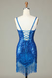 Robe courte bleue de rentrée bleue avec bretelles fines Bodycon, paillettes, courte robe bleue de rentrée à la maison avec pompon