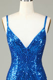 Robe courte bleue de rentrée bleue avec bretelles fines Bodycon, paillettes, courte robe bleue de rentrée à la maison avec pompon