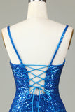 Robe courte bleue de rentrée bleue avec bretelles fines Bodycon, paillettes, courte robe bleue de rentrée à la maison avec pompon