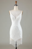 Robe de cocktail courte moulante scintillante blanche avec perles
