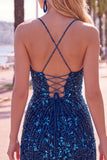 Robe courte bleue de rentrée bleue avec bretelles fines Bodycon, paillettes, courte robe bleue de rentrée à la maison avec pompon
