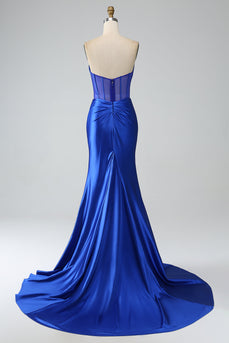 Sirène bleu royal bustier plissé corset longue robe de soirée avec fente