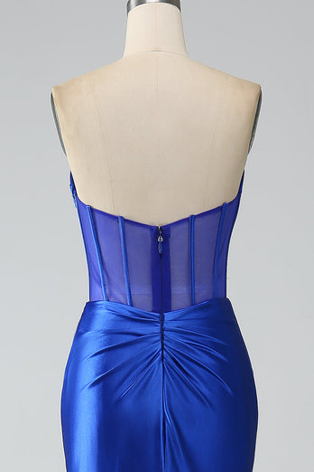 Sirène bleu royal bustier plissé corset longue robe de soirée avec fente