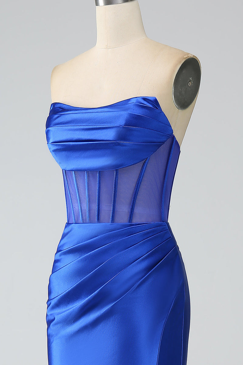 Charger l&#39;image dans la galerie, Sirène bleu royal bustier plissé corset longue robe de soirée avec fente