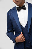 Bleu foncé 3 pièces à revers en pointe Jacquard un bouton Costumes de bal pour hommes