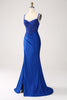 Charger l&#39;image dans la galerie, Paillettes bleu Royal sirène bretelles spaghetti longue robe de bal avec appliques