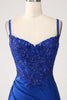 Charger l&#39;image dans la galerie, Paillettes bleu Royal sirène bretelles spaghetti longue robe de bal avec appliques