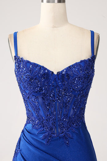 Paillettes bleu Royal sirène bretelles spaghetti longue robe de bal avec appliques