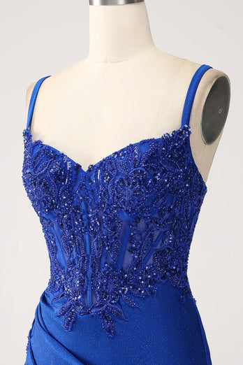 Paillettes bleu Royal sirène bretelles spaghetti longue robe de bal avec appliques