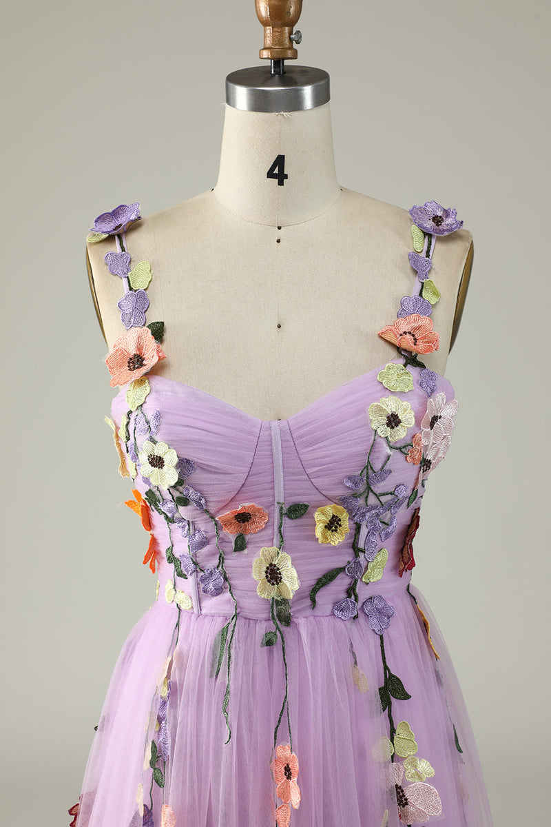 Charger l&#39;image dans la galerie, Bracelets Spaghetti Violet clair Robe de Soirée avec fleurs 3D
