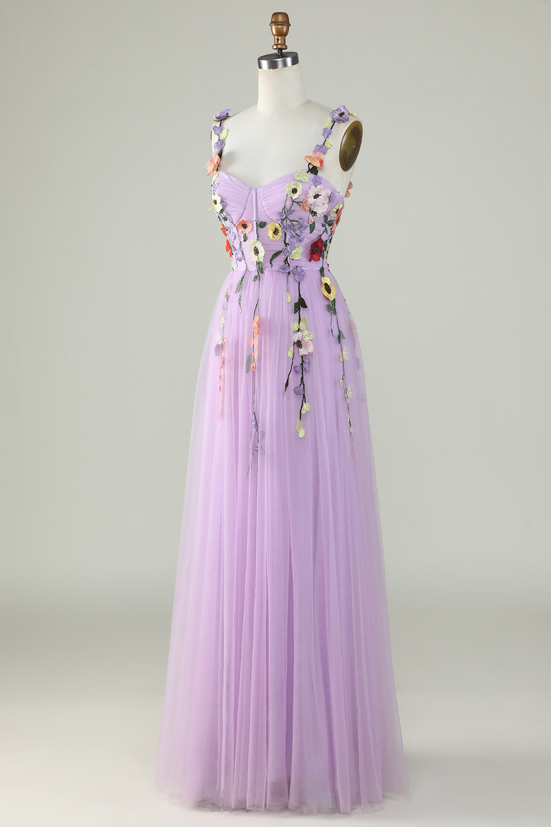 Charger l&#39;image dans la galerie, Bracelets Spaghetti Violet Robe de Soirée avec fleurs 3D