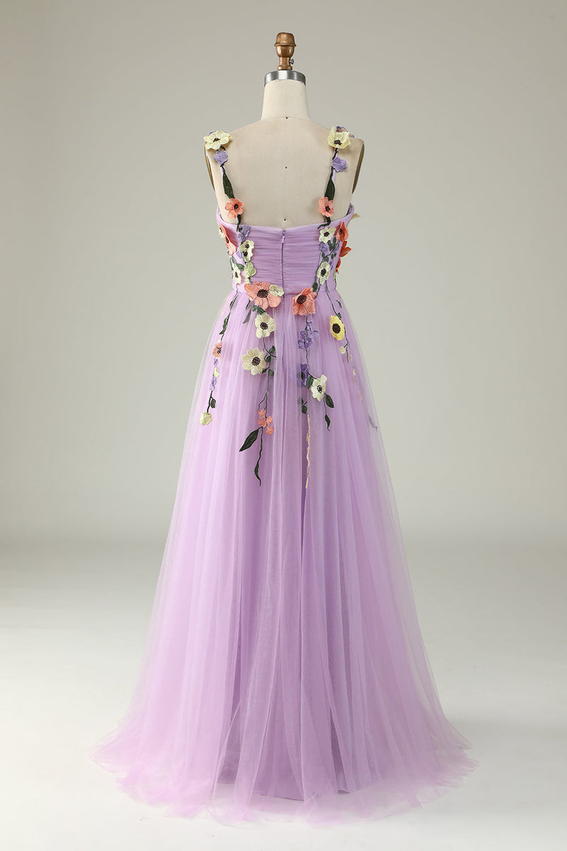Charger l&#39;image dans la galerie, Bracelets Spaghetti Violet clair Robe de Soirée avec fleurs 3D