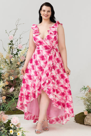 Plus Taille Haute Fleur Rose Bas Robe de demoiselle d’honneur imprimée avec volants