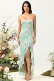 Spaghetti fourreaux Straps Light Green Floral Printed Bridesmaid Dress with Split Front