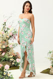 Spaghetti fourreaux Straps Light Green Floral Printed Bridesmaid Dress with Split Front