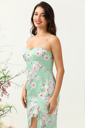Spaghetti fourreaux Straps Light Green Floral Printed Bridesmaid Dress with Split Front