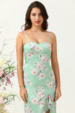 Spaghetti fourreaux Straps Light Green Floral Printed Bridesmaid Dress with Split Front