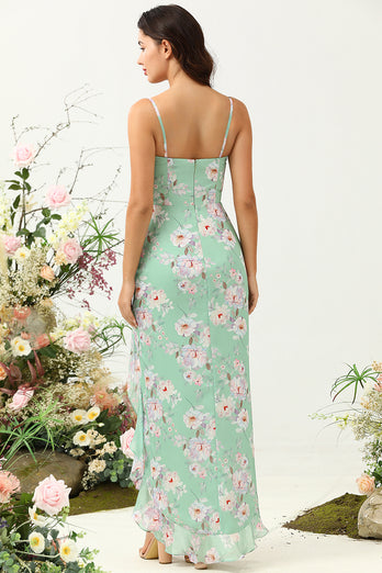 Spaghetti fourreaux Straps Light Green Floral Printed Bridesmaid Dress with Split Front