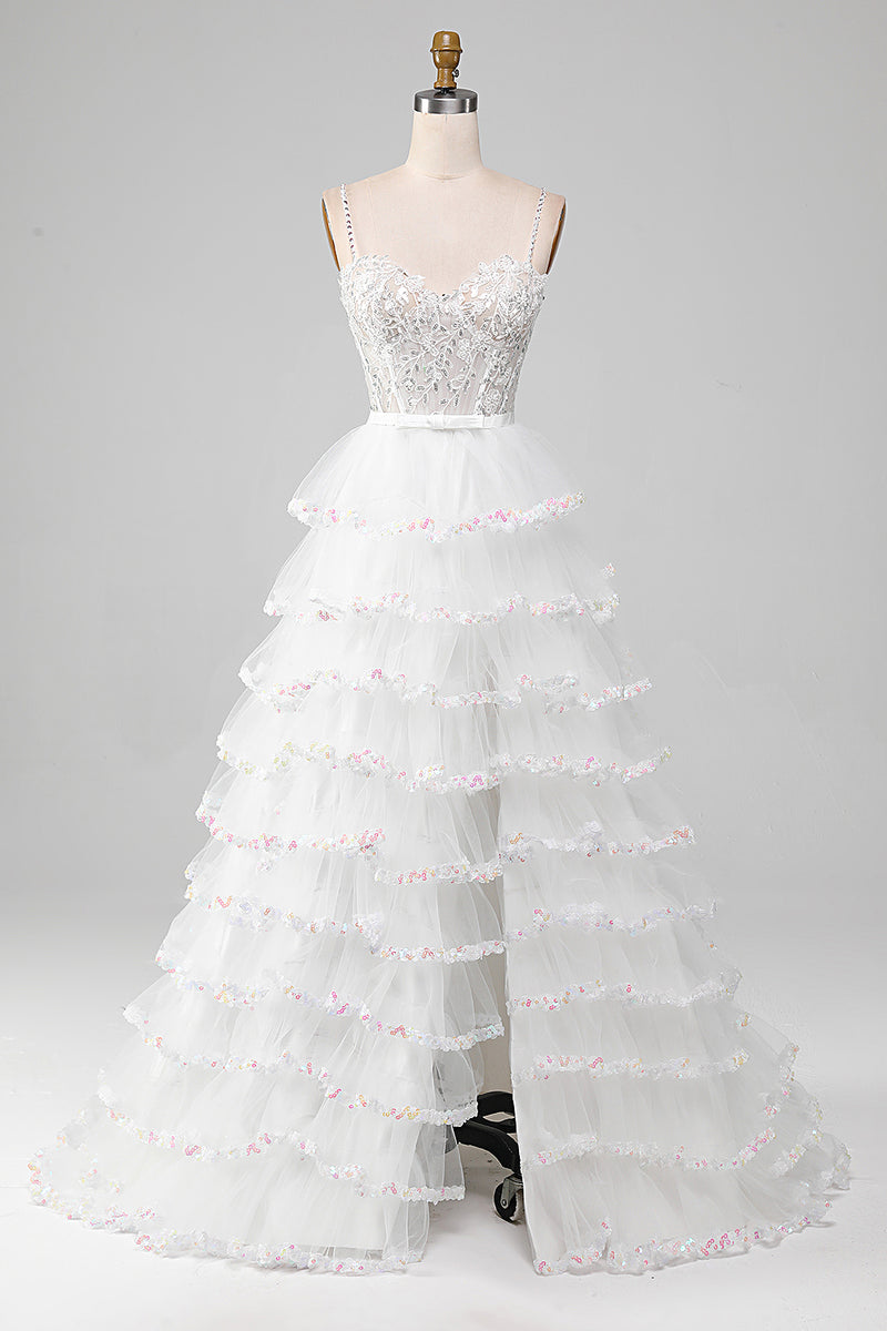 Charger l&#39;image dans la galerie, Robe de bal corset de jupe à volants à paillettes scintillantes blanche avec fente